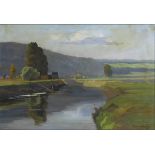 HERMANNSDÖRFER, Joseph: Sonnige Landschaft.Öl/Leinwand, rechts unten signiert. 43 x 61 cm, breiter