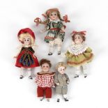 5 Püppchen für die Puppenstube.Ungemarkt. L 8-10,5 cm. Alle aus Ganzbiskuit mit Glasaugen,