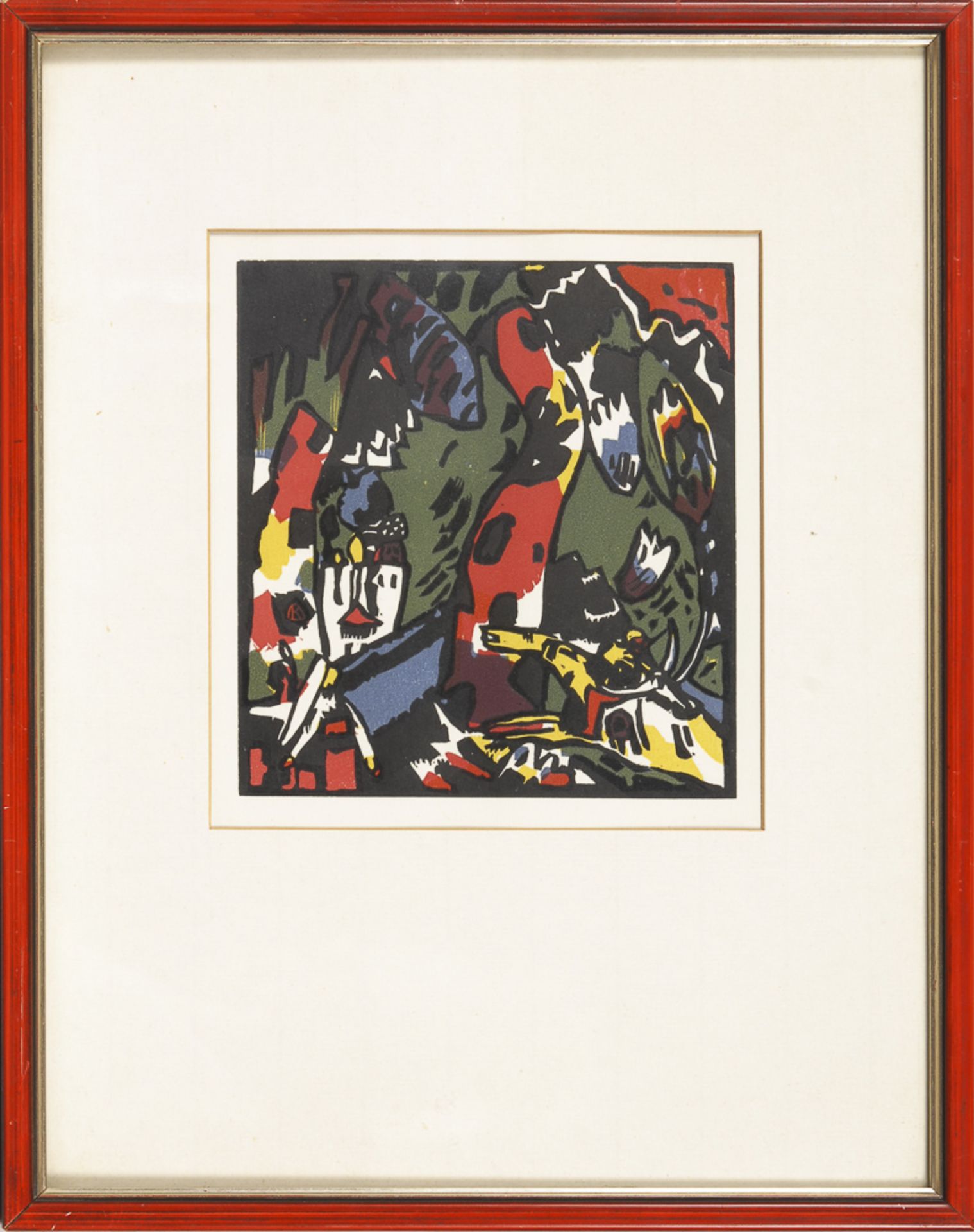 KANDINSKY, Wassily: "Reiter in Landschaft mit Turm".Farbholzschnitt, Stock 16,5 x 15 cm, verglast - Bild 2 aus 2