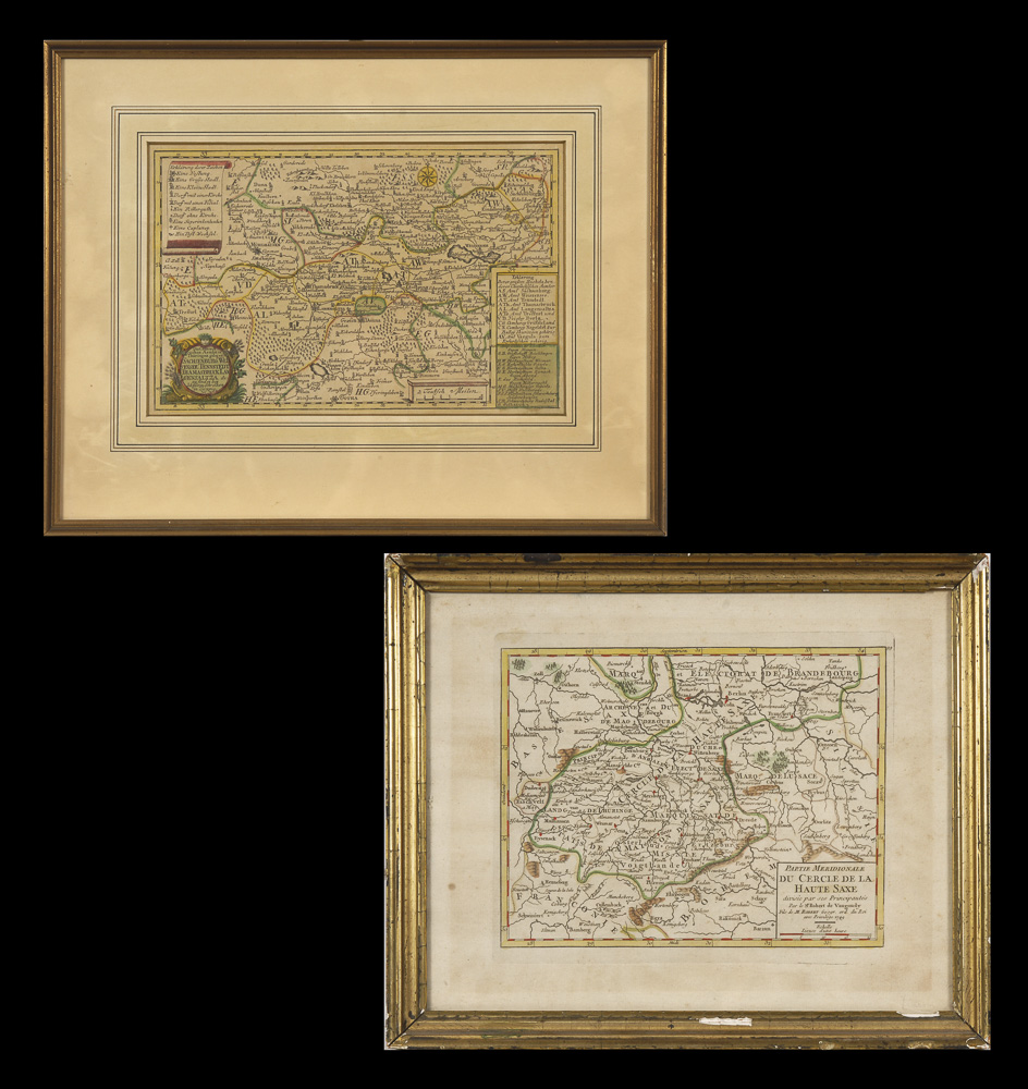 2 Landkarten von Sachsen.Grenzkolorierter Kupferstich, Platte 17,5 x 21 cm, verglast und gerahmt
