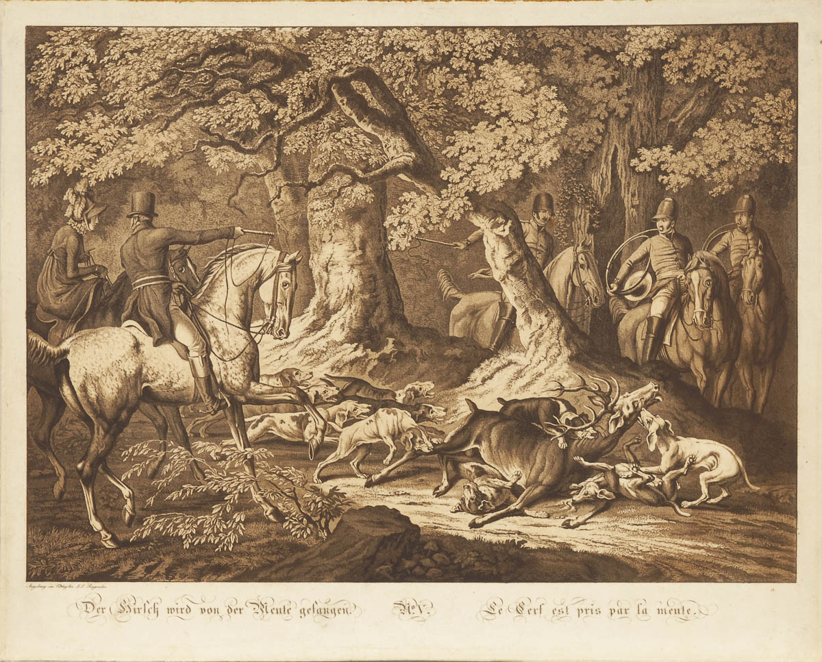 2 Ansichten zur Jagd.Mezzotinto in Sepia, 18. Jh., Blatt je 42,5 x 52 cm. 2 Blätter: "Der Hirsch