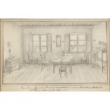 Unsigniert: Interieur des Pfarrhauses in Bladiau.Bleistiftzeichnung, 1858, Ansicht 17,5 x 28,5 cm,