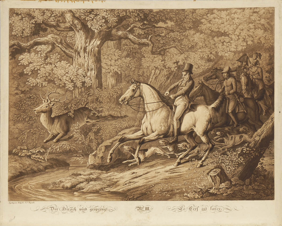2 Ansichten zur Jagd.Mezzotinto in Sepia, 18. Jh., Blatt je 42,5 x 52 cm. 2 Blätter: "Der Hirsch - Image 2 of 2