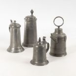 Ringkanne und 3 Walzenkrüge Zinn.19. Jh. 4x gemarkt. H 20-33 cm. Kanne mit Schraubverschluss, leicht