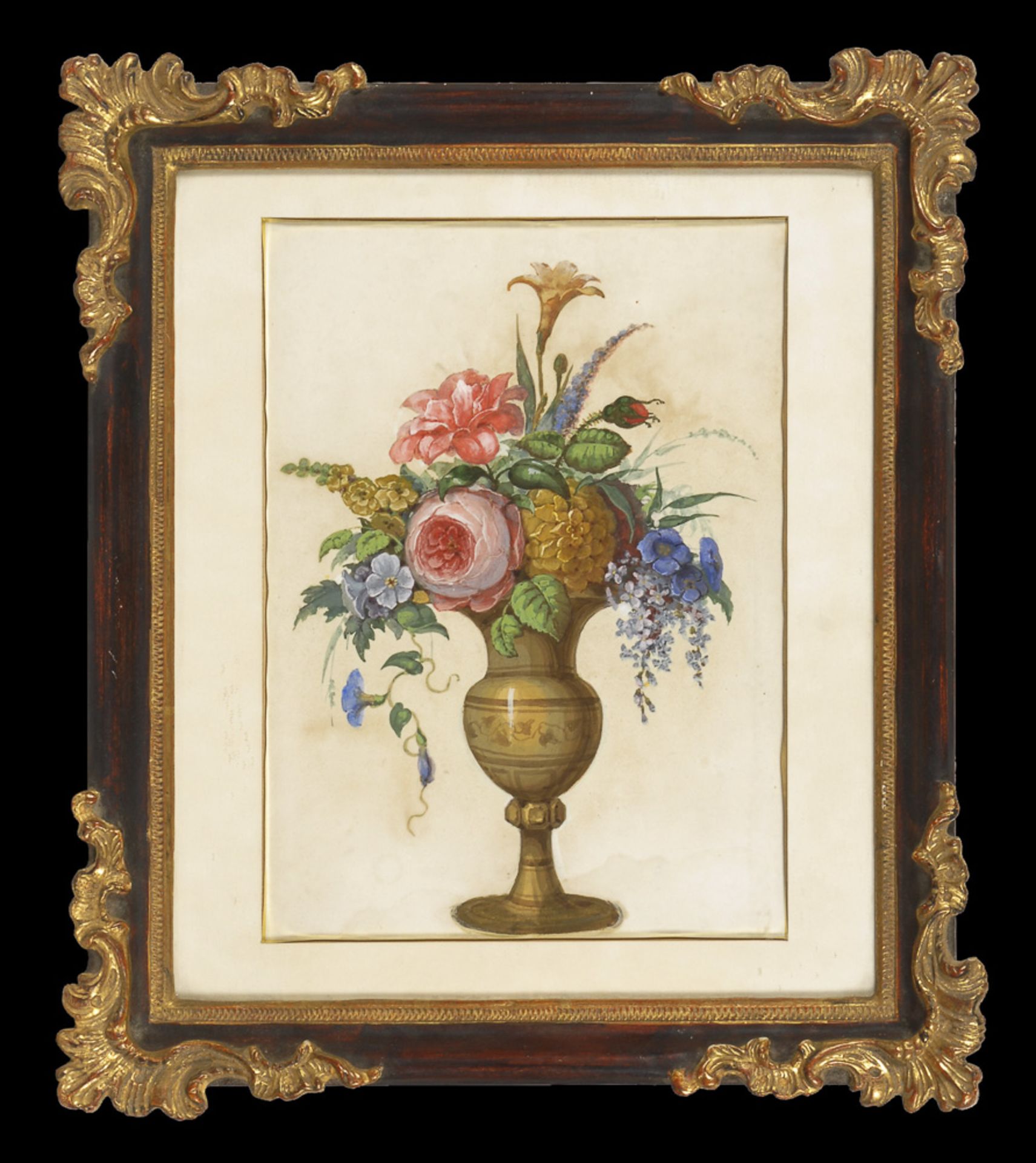 Stillleben mit Blumenstrauß.Gouache, unsigniert, 2. Hälfte 19. Jh. Bildausschnitt 35 x 26 cm, - Bild 2 aus 2