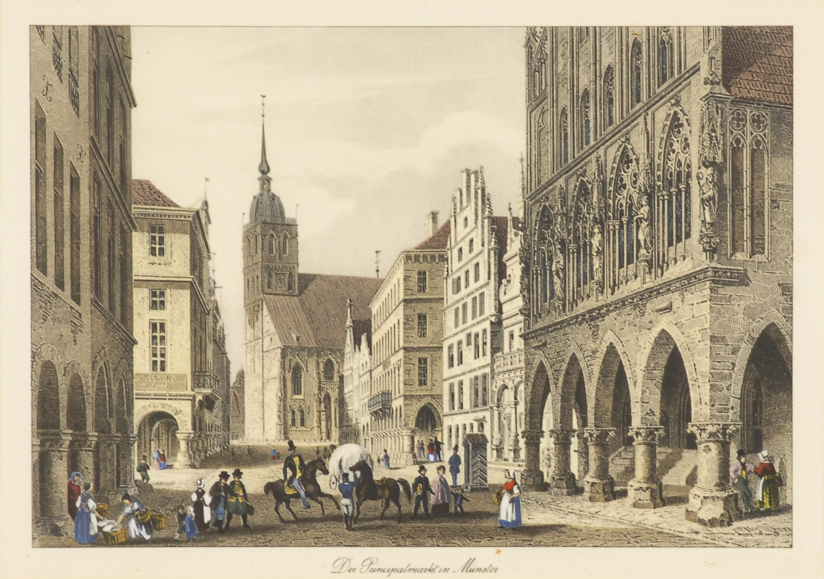 Ansicht des Prinzipalmarktes in Münster.Kolorierte Lithografie, Platte 25,5 x 36 cm, verglast und