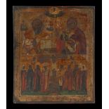 Ikone mit Maria und Kreuzigungsszene.Tempera/Holz, russisch 19. Jh. 45 x 38 cm. Maria mit Kind sowie