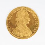 4 Dukaten, Österreich 1915, wohl Replik.Bildnis Franz Joseph I. mit Lorbeerkranz. Goldmünze, 14 g.