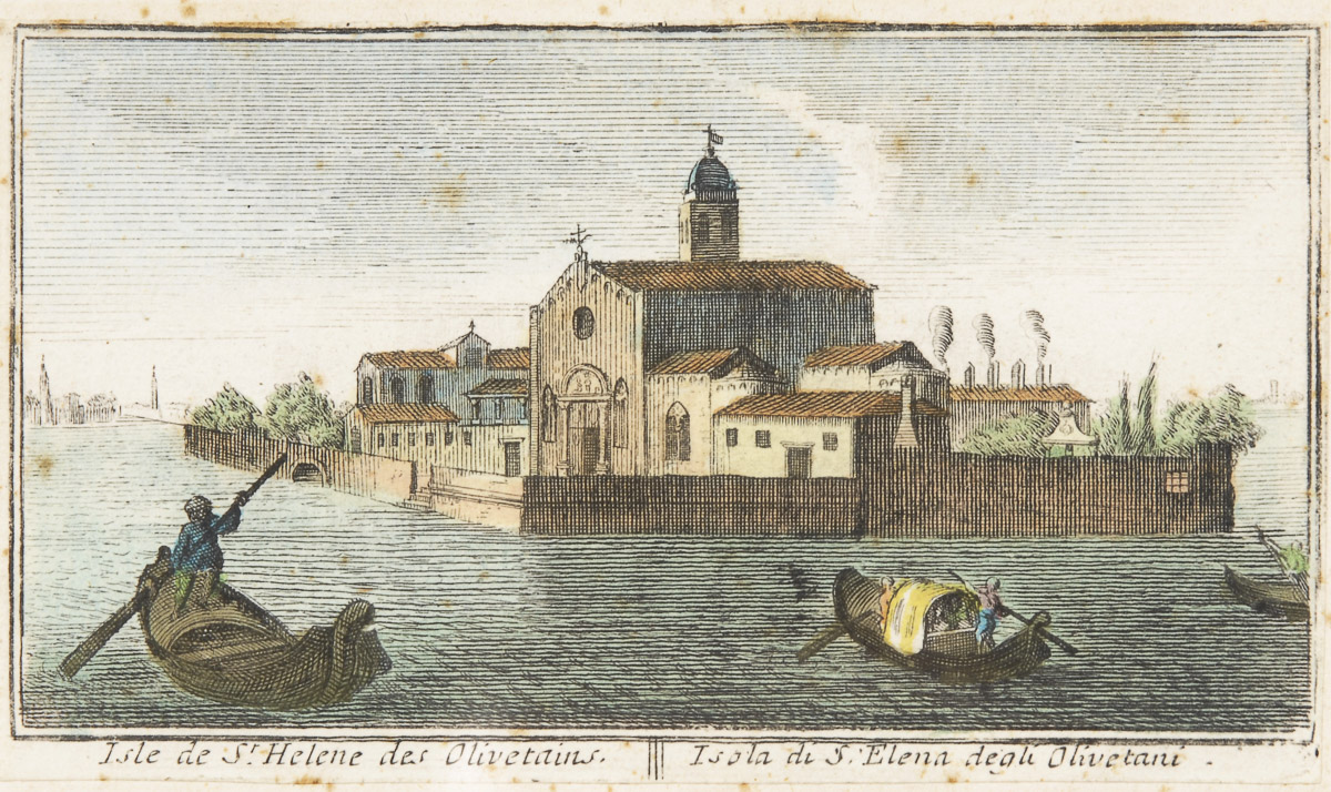 Ansicht der Insel Sant'Elena in der Lagune von Venedig.Kolorierter Kupferstich, Platte 7,5 x 12,5