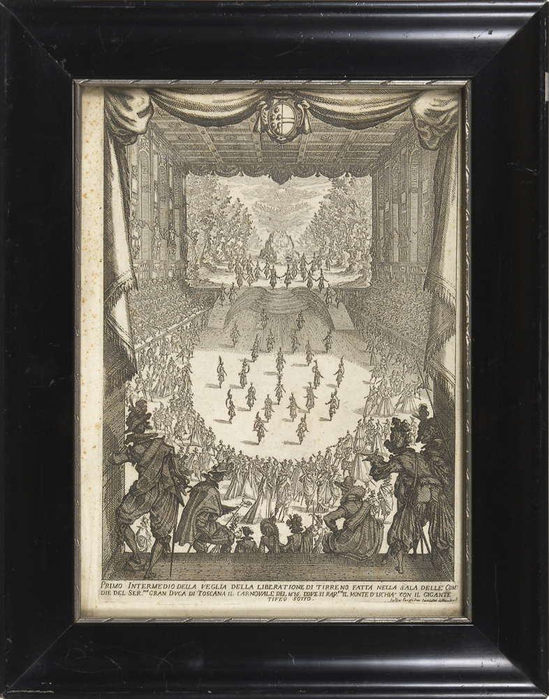 Ansicht eines Barocktheaters - Jacques Callot.Kupferstich, Platte 28 x 20 cm, verglast und gerahmt - Image 2 of 2