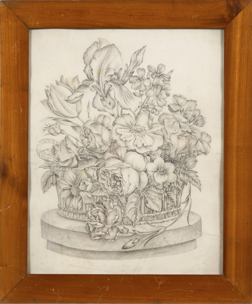 Biedermeier-Blumenkorb.Bleistiftzeichnung, Ansicht 34 x 27 cm, verglast und gerahmt 42 x 35 cm, - Image 2 of 2