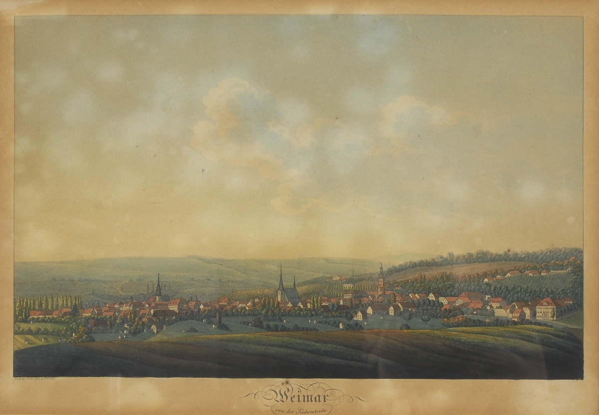 Ansicht der Stadt Weimar.Kolorierte Lithografie, um 1840, Ansicht 22 x 33,5 cm, verglast und