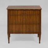 Biedermeier-Kommode.Um 1830/40. Nussbaum furniert. 83 x 81 x 45 cm. Schlichte 3-schübige Kommode auf