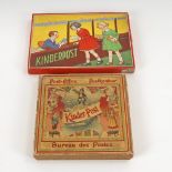 2 Spiele "Kinderpost".Um 1900 und jünger. Pappe, farbig bedruckt. 3,5 x 38 x 27 cm /5 x 30 x 30