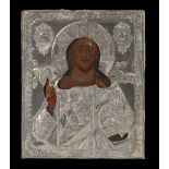 Ikone mit Christus.Tempera/Holz, russisch, wohl Ende 19. Jh. Oklad aus Kupfer, versilbert.