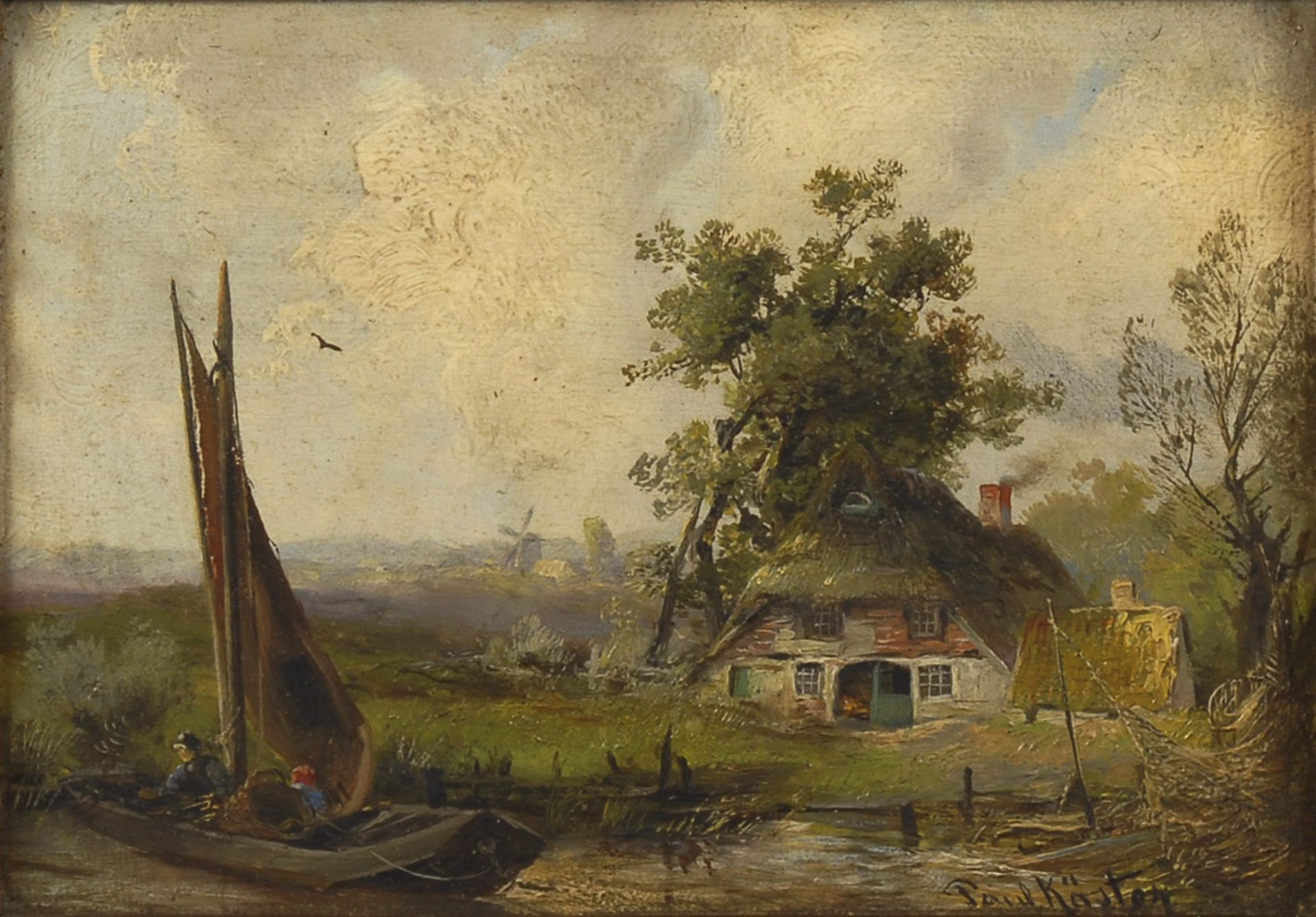 KÖSTER, Paul: Kanallandschaft mit Segler.Öl/Holz, rechts unten signiert. 14 x 20 cm, ajour