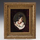 Porzellangemälde: Mädchenbildnis.Marke nicht erkennbar, 2. Hälfte 19. Jahrhundert. Polychrom gemalt.