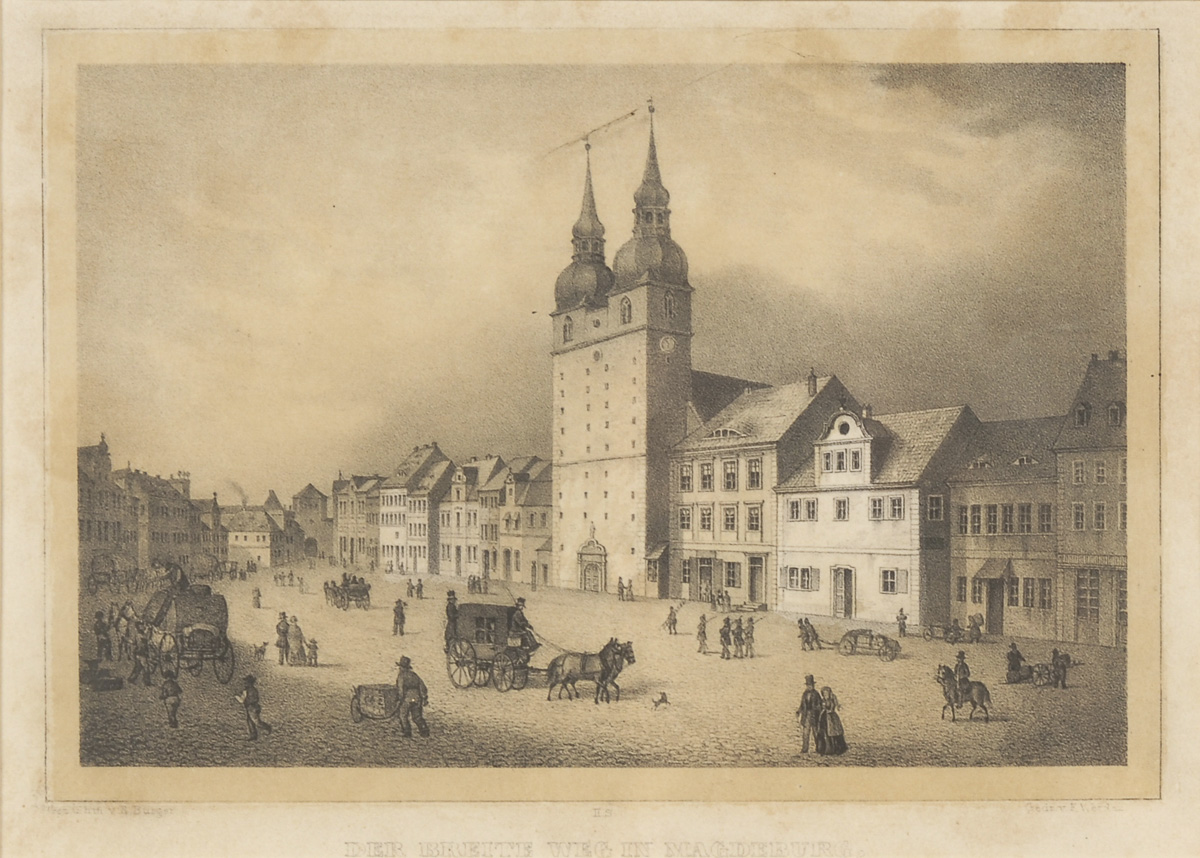 2 Ansichten der Stadt Magdeburg.Lithografie "Der Breite Weg in Magdeburg", Ansicht 18 x 25,5 cm, - Image 3 of 3