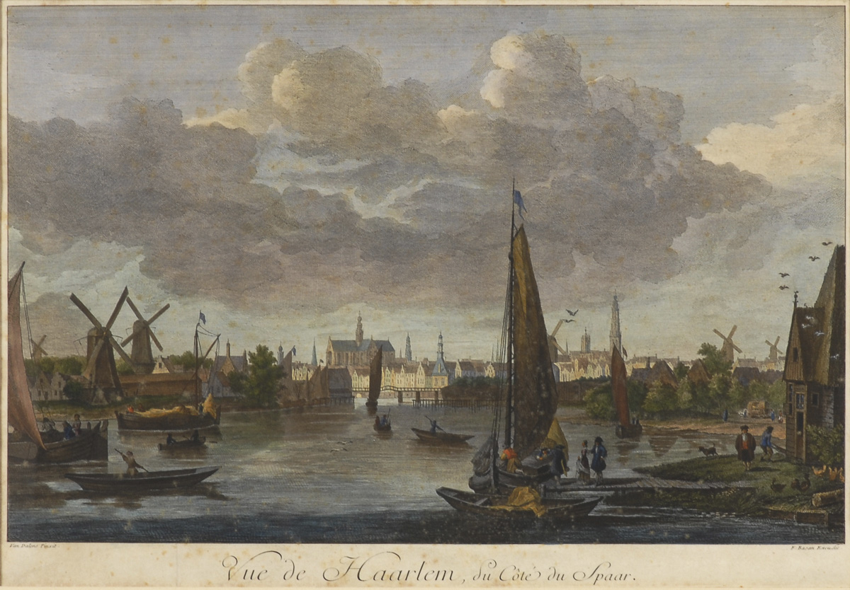 Ansicht von Haarlem - Pierre Francois Basan.Kolorierter Stahlstich, Platte 31 x 48 cm, verglast