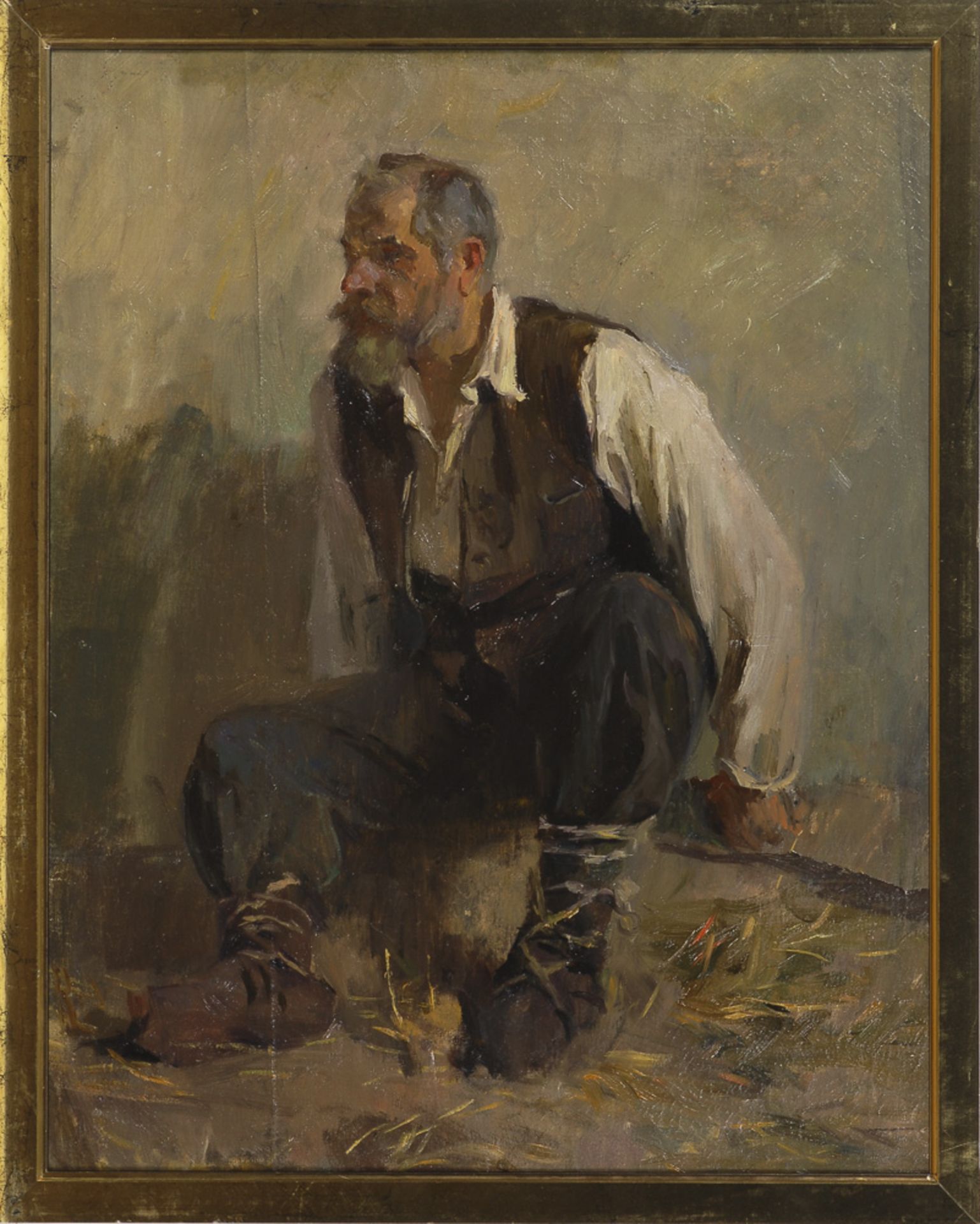 Russischer Maler: Sitzender Bauer.Öl/Leinwand, unsigniert, verso kyrillischer Schriftzug. 58 x 47 - Bild 2 aus 2
