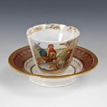 Tasse mit Fabelmotiv.Ungemarkt, um 1865. Polychrom bemalt, goldstaffiert. H Tasse 7 cm, ø