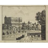 Ansicht des Schlosses zu Madrid.Lithografie in Radiermanier, um 1830, Ansicht 12,7 x 16,3 cm,