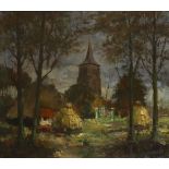 HURK, Jan van den: Dorf mit Kirche.Öl/Leinwand, rechts unten signiert. 70 x 80 cm, Goldrahmen 85 x