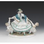 Biedermeier-Dame mit 2 Mädchen, ENS.Grüne Mühlenmarke. Modell-Nr. 4655, um 1916-1920. Farb- und