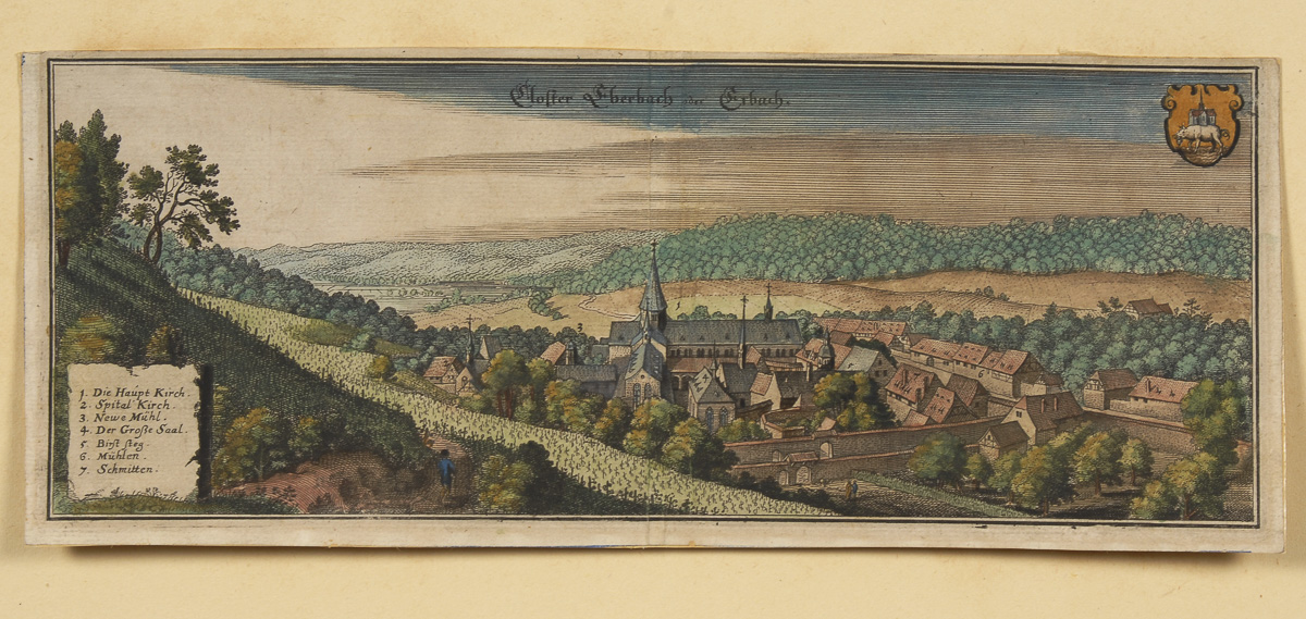 Ansicht des Klosters Eberbach.Kolorierter Kupferstich, Blatt 13,5 x 34 cm, Passepartout 29 x 48,5