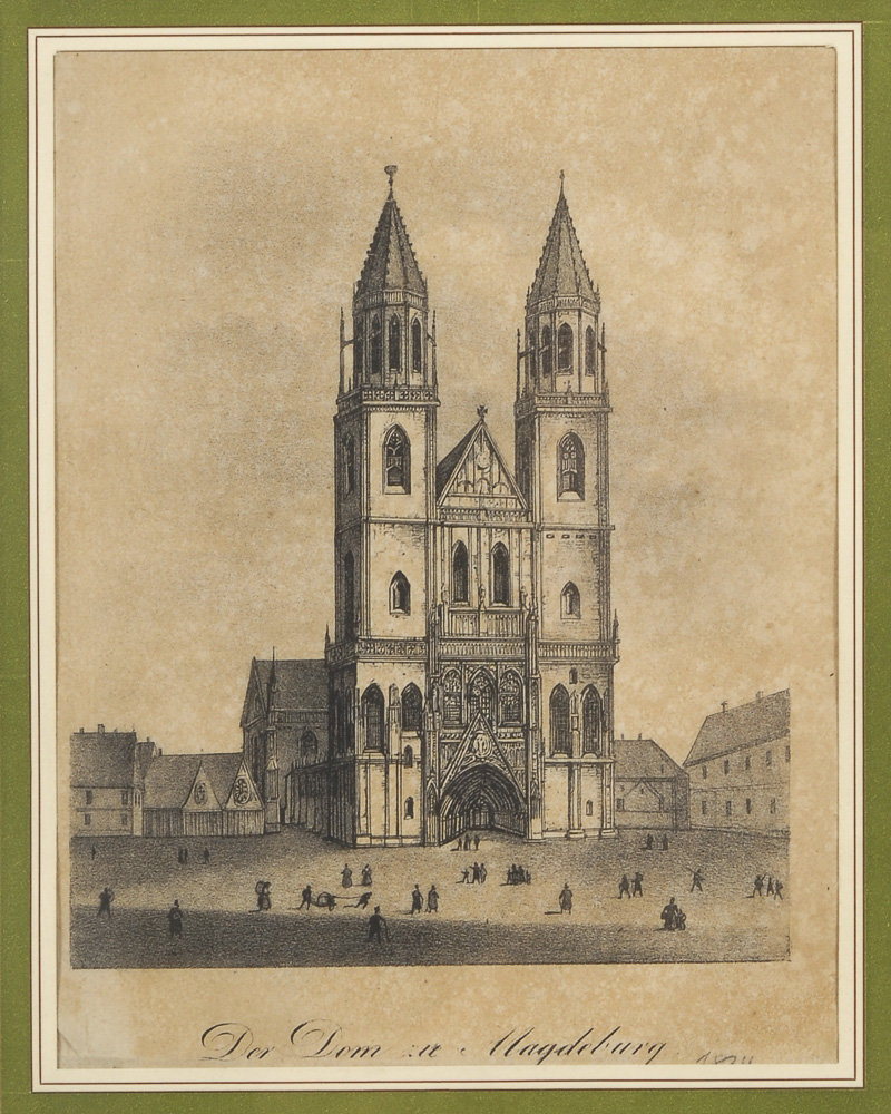 2 Ansichten der Stadt Magdeburg.Lithografie "Der Breite Weg in Magdeburg", Ansicht 18 x 25,5 cm, - Image 2 of 3