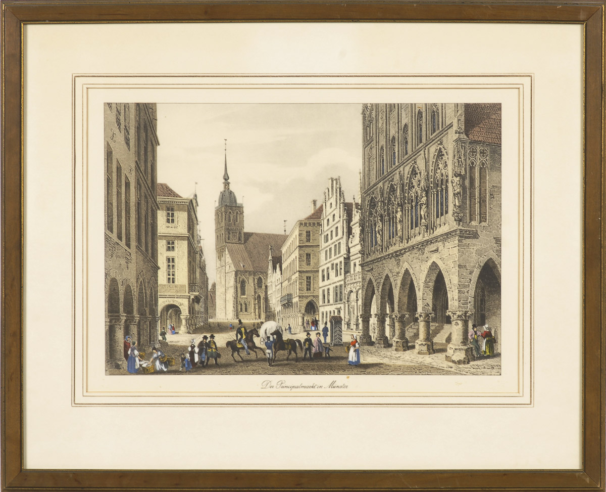 Ansicht des Prinzipalmarktes in Münster.Kolorierte Lithografie, Platte 25,5 x 36 cm, verglast und - Image 2 of 2
