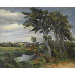 Unsigniert: Kleine Dorflandschaft.Öl/Malkarton, unsigniert, 20. Jh. 33 x 40 cm, grünlicher Rahmen 38