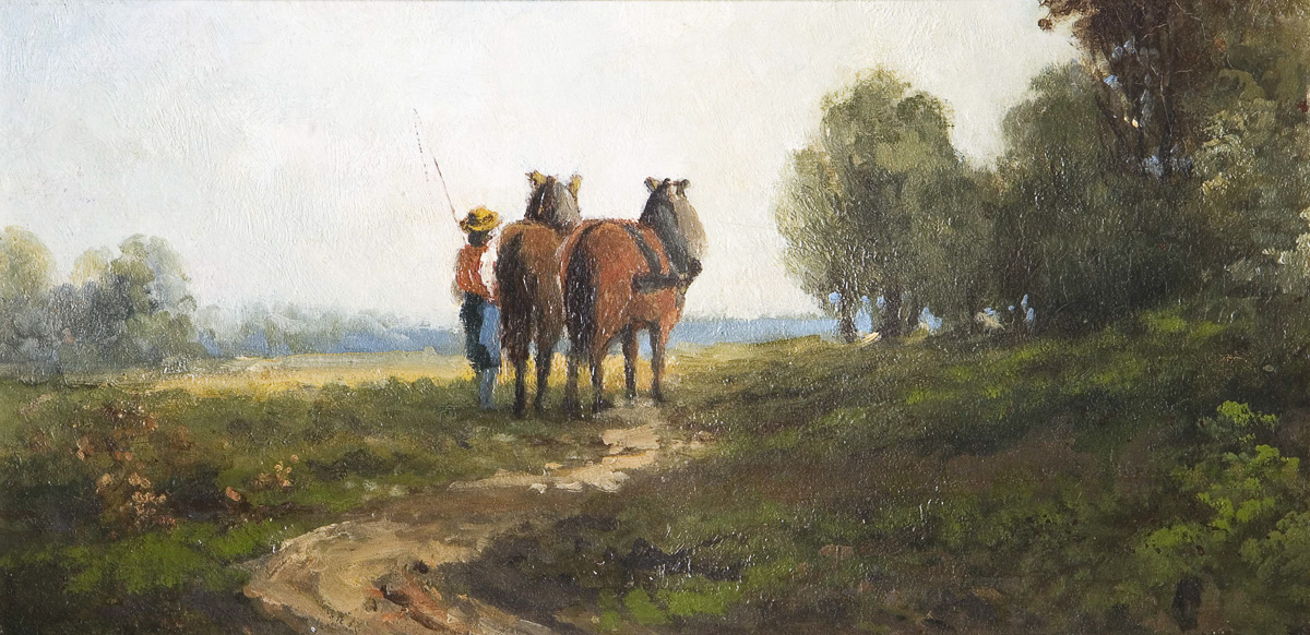 Münchner Malerschule 19. Jahrhundert:"Bauer mit Pferden in Landschaft".Öl auf Leinwand auf Karton,