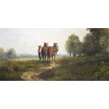 Münchner Malerschule 19. Jahrhundert:"Bauer mit Pferden in Landschaft".Öl auf Leinwand auf Karton,