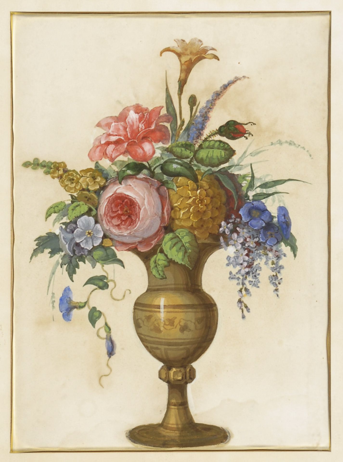 Stillleben mit Blumenstrauß.Gouache, unsigniert, 2. Hälfte 19. Jh. Bildausschnitt 35 x 26 cm,