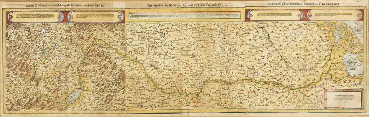 Große Landkarte des Flusses Rhein - Sebastian Münster.Kolorierter Holzschnitt, zusammengesetzt aus 3