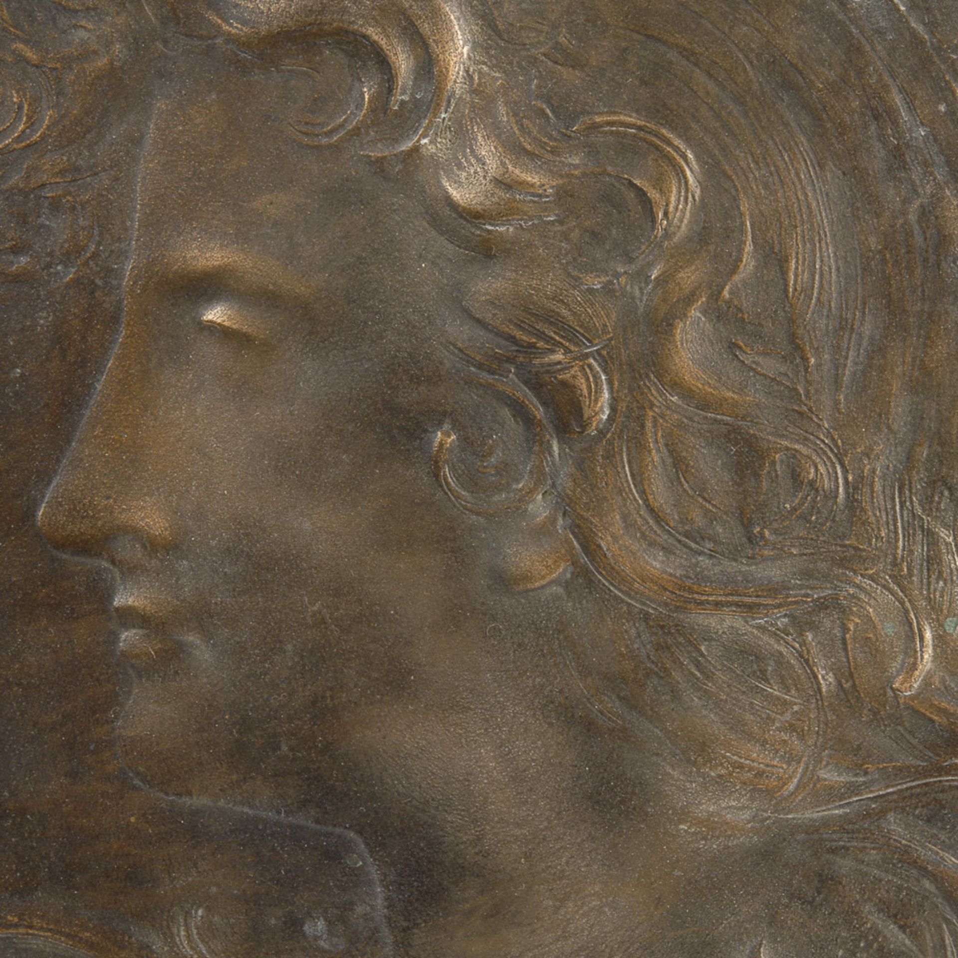 Bronze-Bildnisrelief mit Widmung von 1898 an den Grafen von Romanones.Bronze patiniert, spanische - Bild 2 aus 4
