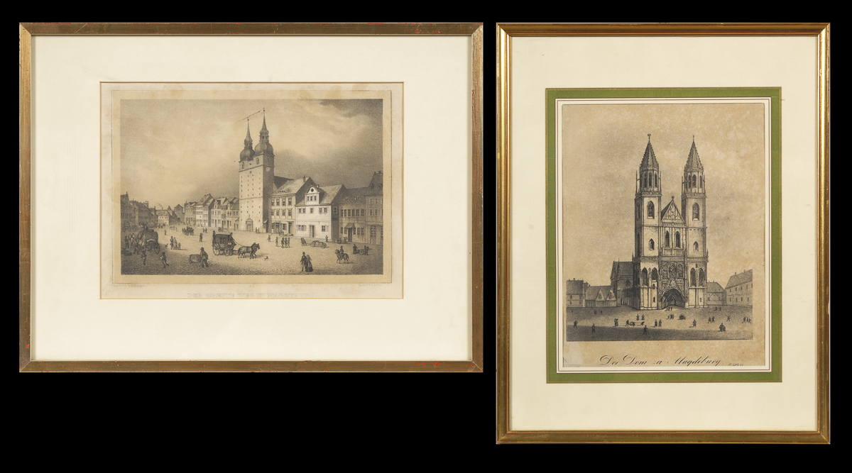 2 Ansichten der Stadt Magdeburg.Lithografie "Der Breite Weg in Magdeburg", Ansicht 18 x 25,5 cm,