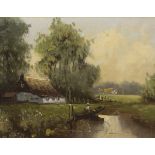 Niederländischer Maler 20. Jh.: Angler am Teich.Öl/Leinwand, links unten undeutlich signiert. 25 x