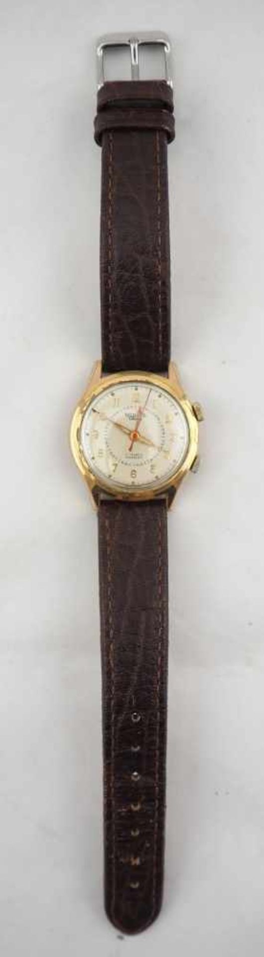 Herrenarmbanduhr mit Wecker, 50er JahreSeltene Uhr mit Wecker und Zentralsekunde. Gehäuse aus Stahl, - Bild 2 aus 3