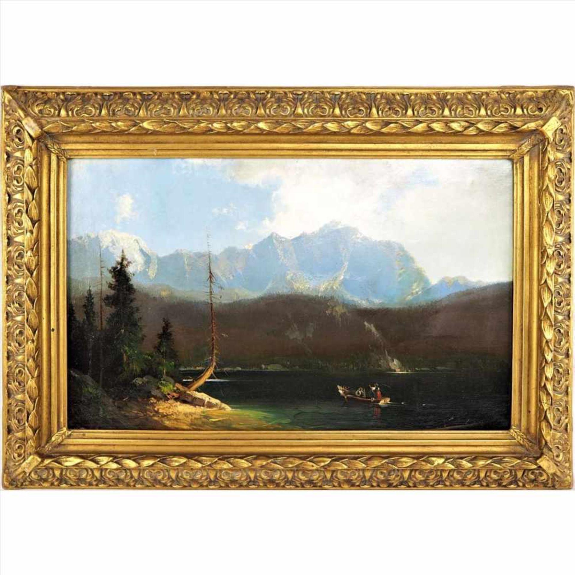 Romantische Gebirgslandschaft, um 1800Romantische Gebirgslandschaft mit See und Boot im Vordergrund.
