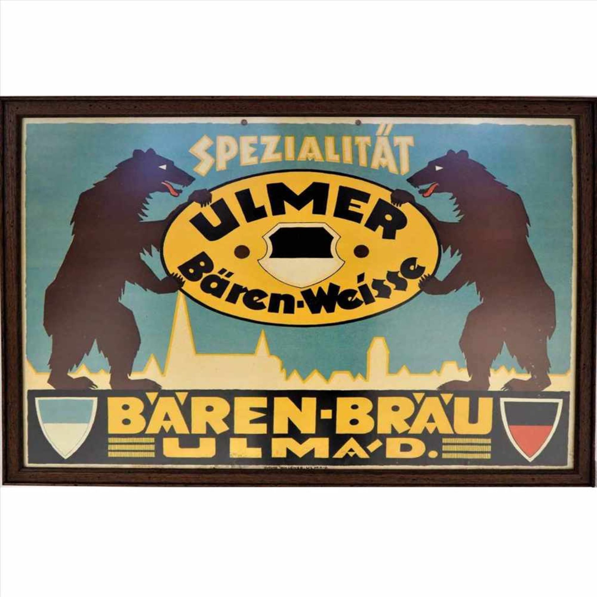 Bierwerbung Ulm, um 1930Lithographie auf Karton, um 1930, gerahmt unter Glas. "Spezialität Ulmer ´-