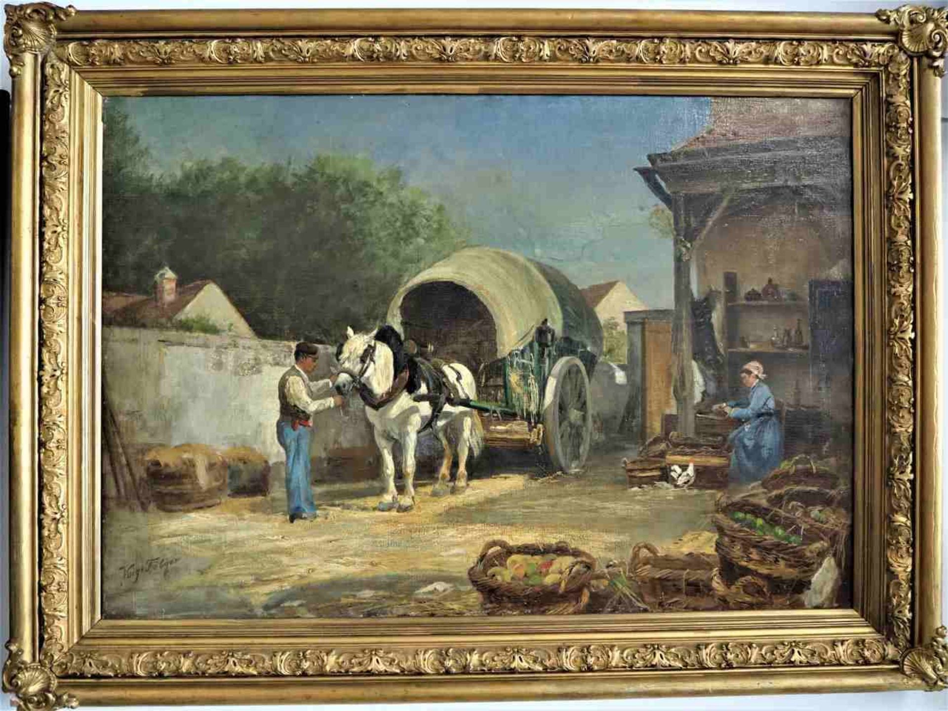 Gemälde - bäuerliche, ländliche Szenerie mit Pferdegespann - sign. Voigt FölgerÖl auf Leinwand in