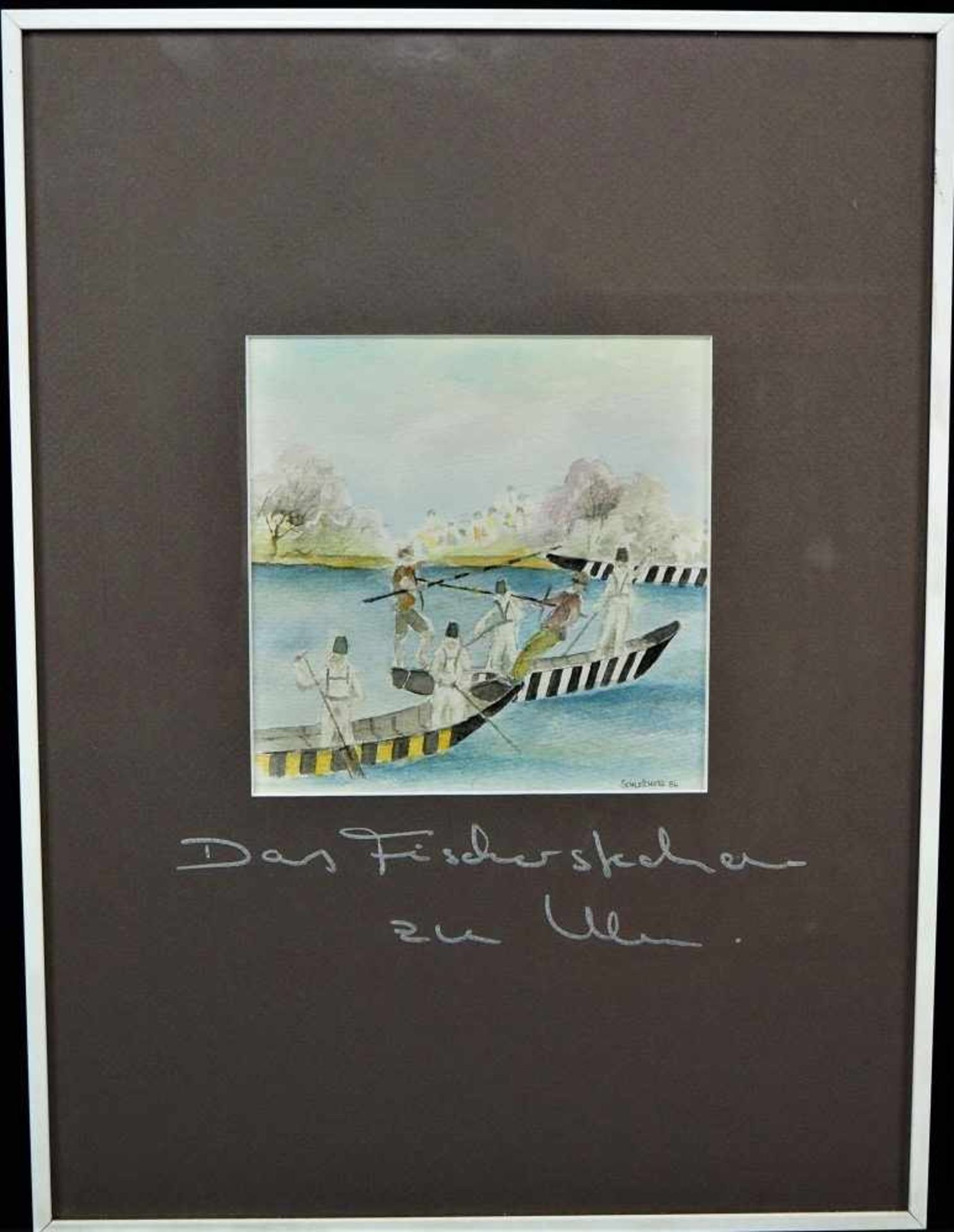 Aquarell "Das Fischerstechen"Gerahmt im Passepartout, darauf bez. "Das Fischerstechen zu Ulm", - Bild 2 aus 2