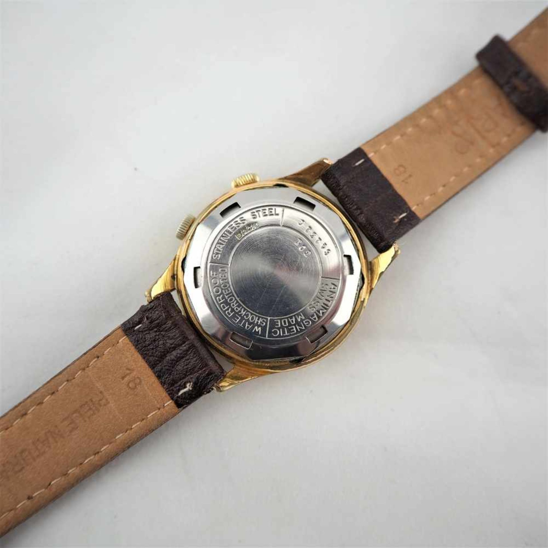 Herrenarmbanduhr mit Wecker, 50er JahreSeltene Uhr mit Wecker und Zentralsekunde. Gehäuse aus Stahl, - Bild 3 aus 3