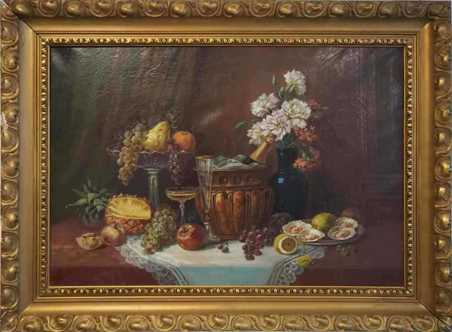 Gemälde Stillleben mit Früchten und Blumen, sign. F. SehmannÖl auf Leinwand, in originaler