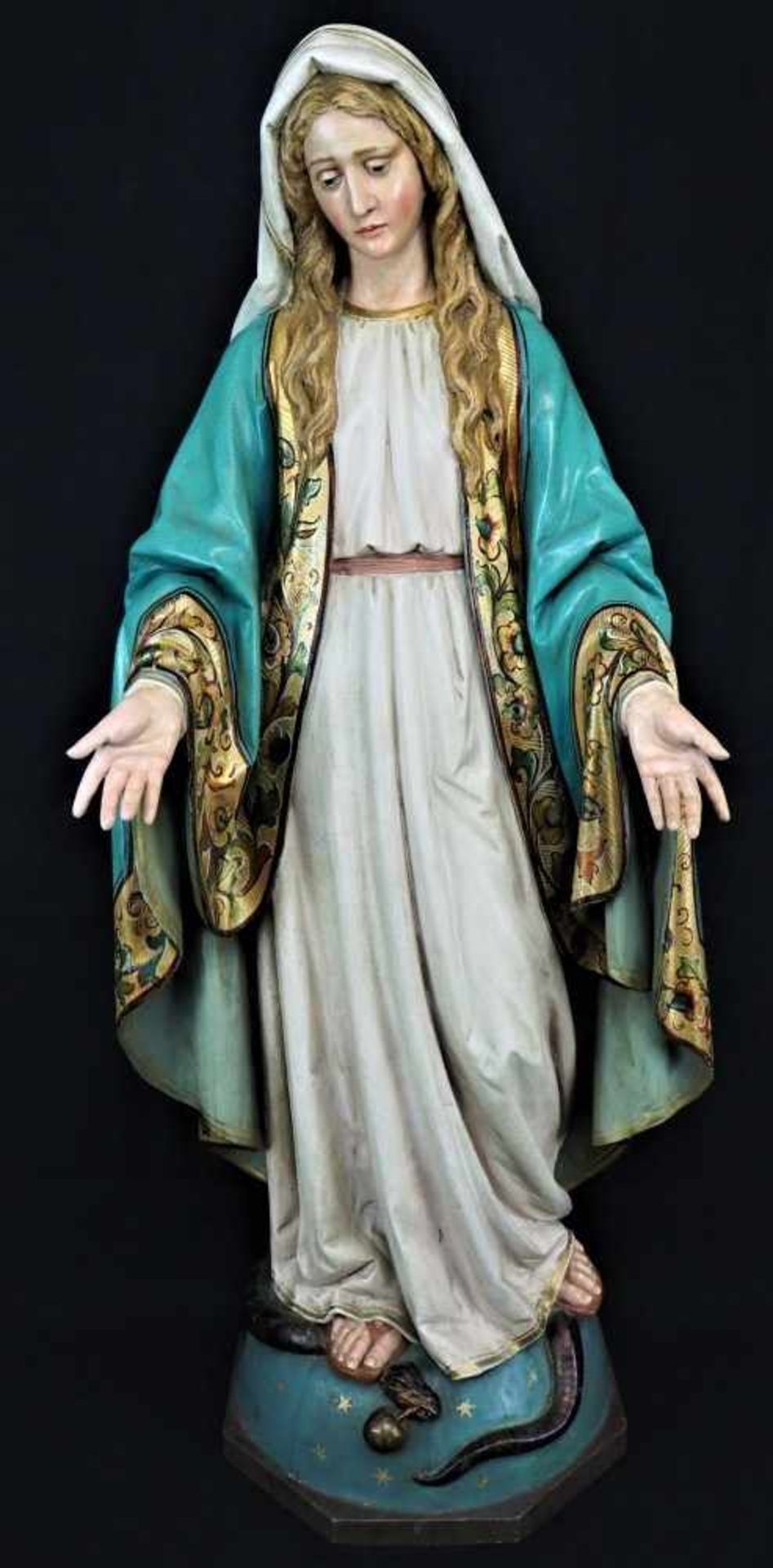 Mutter Gottes, große Madonna Empfängnis Statue, Marien Figur mit Schlange, wohl Anfang 19. Jh.