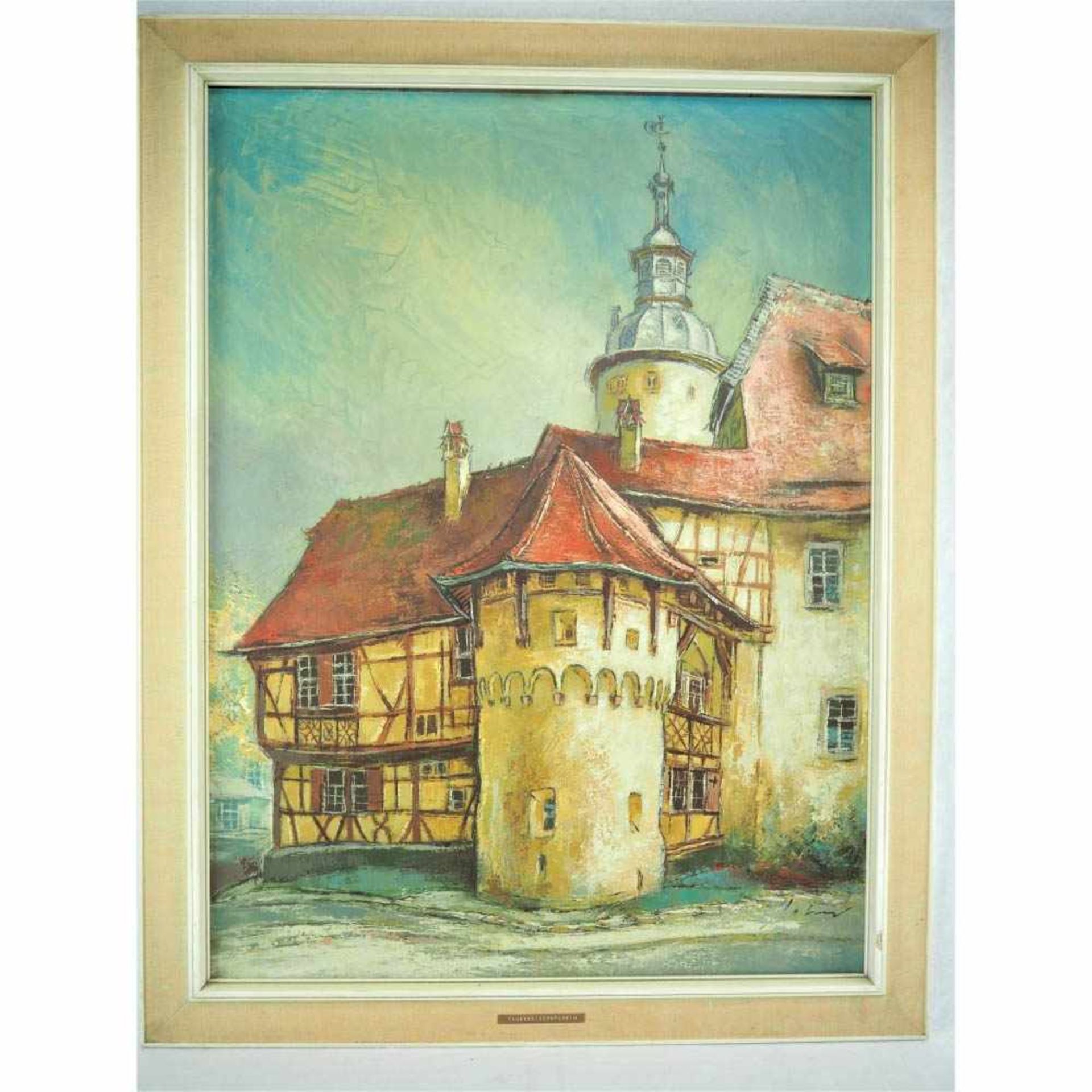 Ansicht, Schloss TauberbischofsheimÖl auf Pressplatte, 70er Jahre. Unbekannter Künstler.90x70 mit