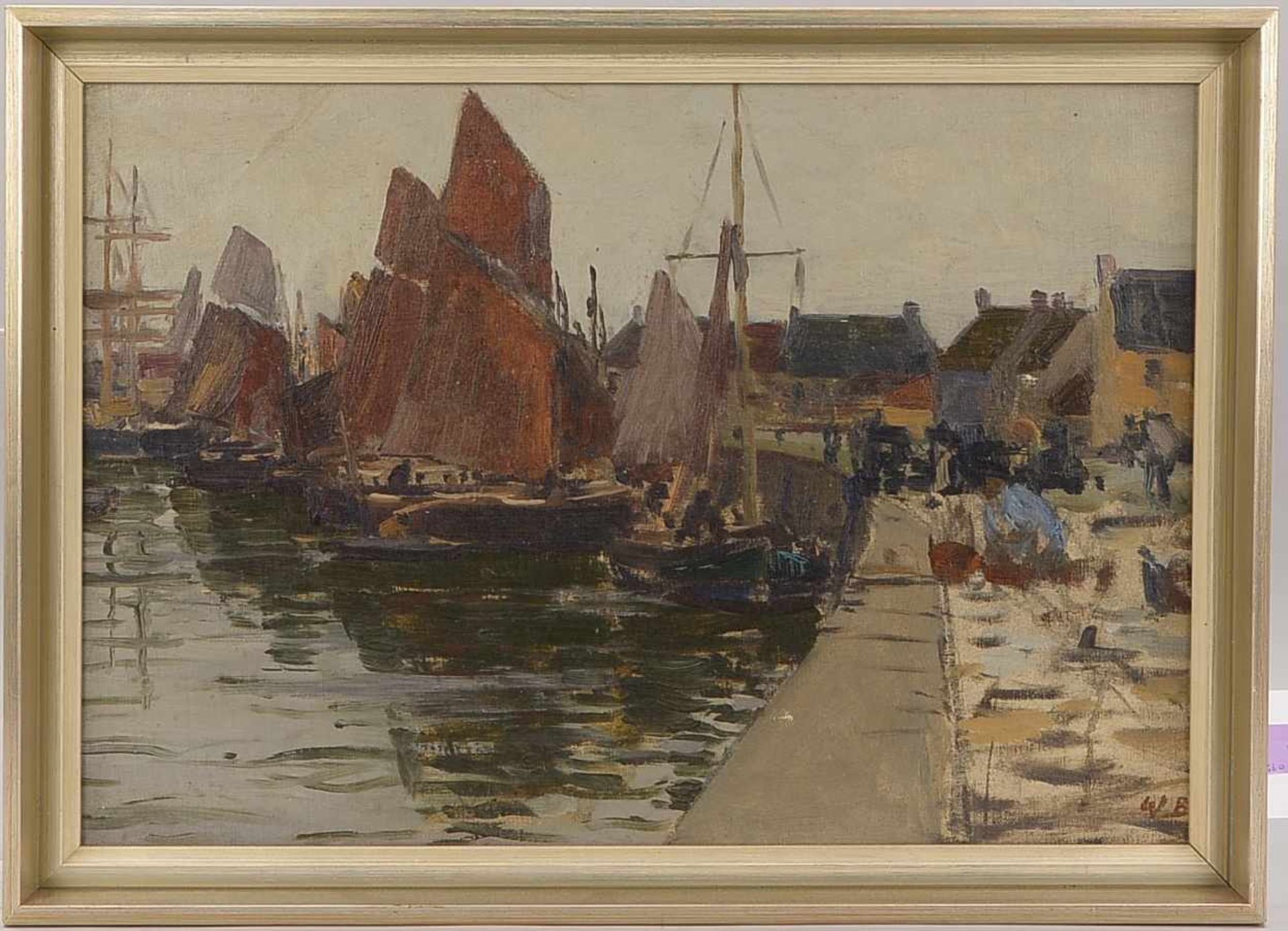 Bartsch, Wilhelm (1871 Kiel - 1953 Worpswede), 'Belebte Hafenszene', Öl auf Leinwand/auf Hartfaser