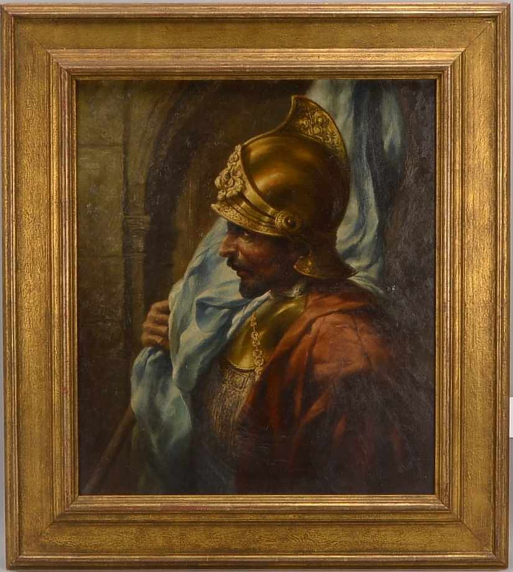 Gemälde, 'Krieger mit Goldhelm', Öl auf Malpapier, auf Holzplatte/gerahmt, unsigniert; Bildmaße 57 x